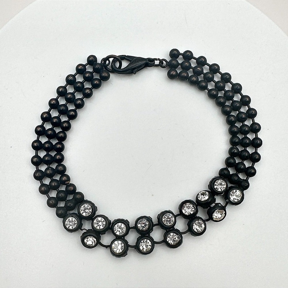 Vintage 80s Triple‎ Strand Matte Onyx Bead Bracelet Woven Pave Statement Jewelry